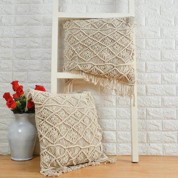 Macrame Cushion Cover, diamonds, 3 sections, fringes, 16x16 inches - Picture 2 of 5